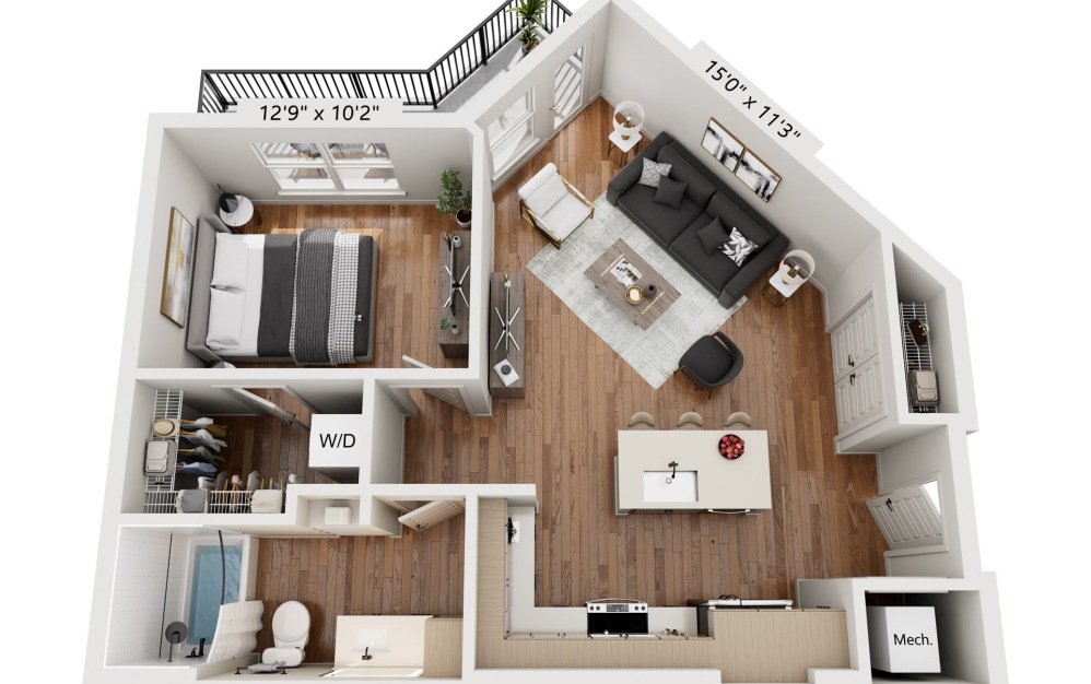 A6-A - 1 bedroom floorplan layout with 1 bathroom and 731 square feet (Scheme 2)